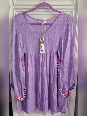 America & Beyond Lavender Shimmer Pom-Pom Beach Coverup Size M NWT